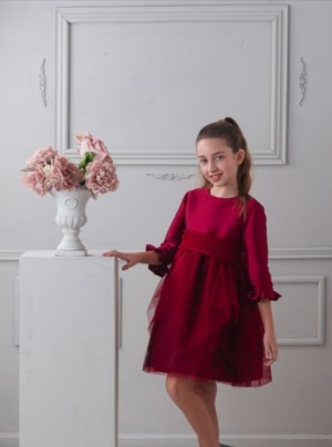 VESTIDO MIKADO TUL GRANATE