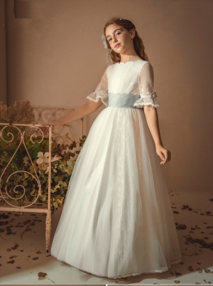 VESTIDO DE COMUNION NIÑA AZUL EMPOLVADO 