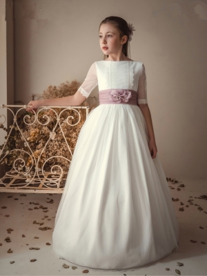 VESTIDO DE COMUNION NIÑA TUL BORDADO 